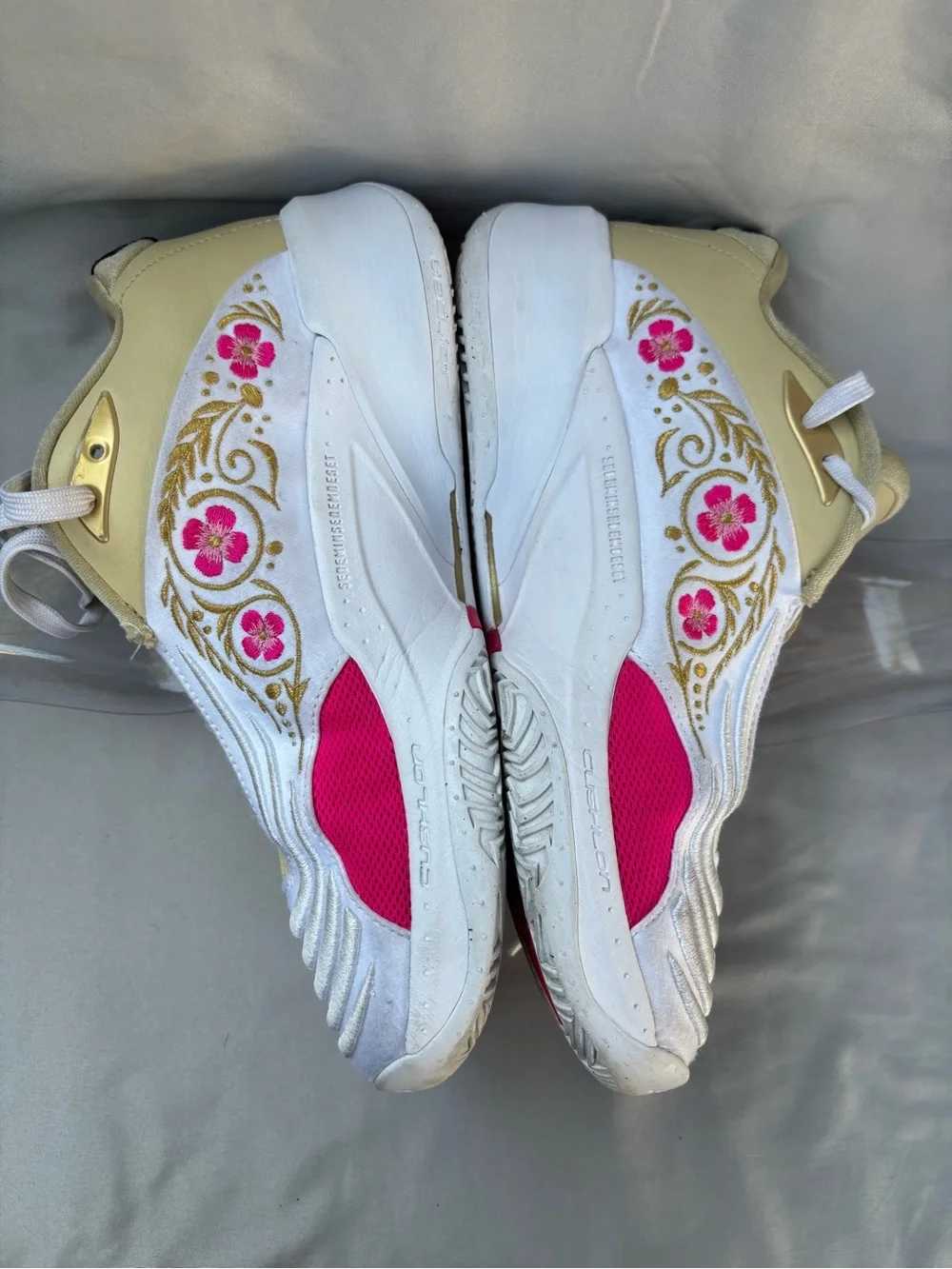 Jordan Men's White Sneakers with Pink Floral and Gold Accents